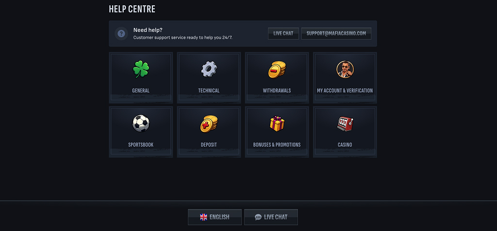 Mafiacasino Help-Centre – Live-Chat, E-Mail-Support und FAQ-Bereich auf Deutsch